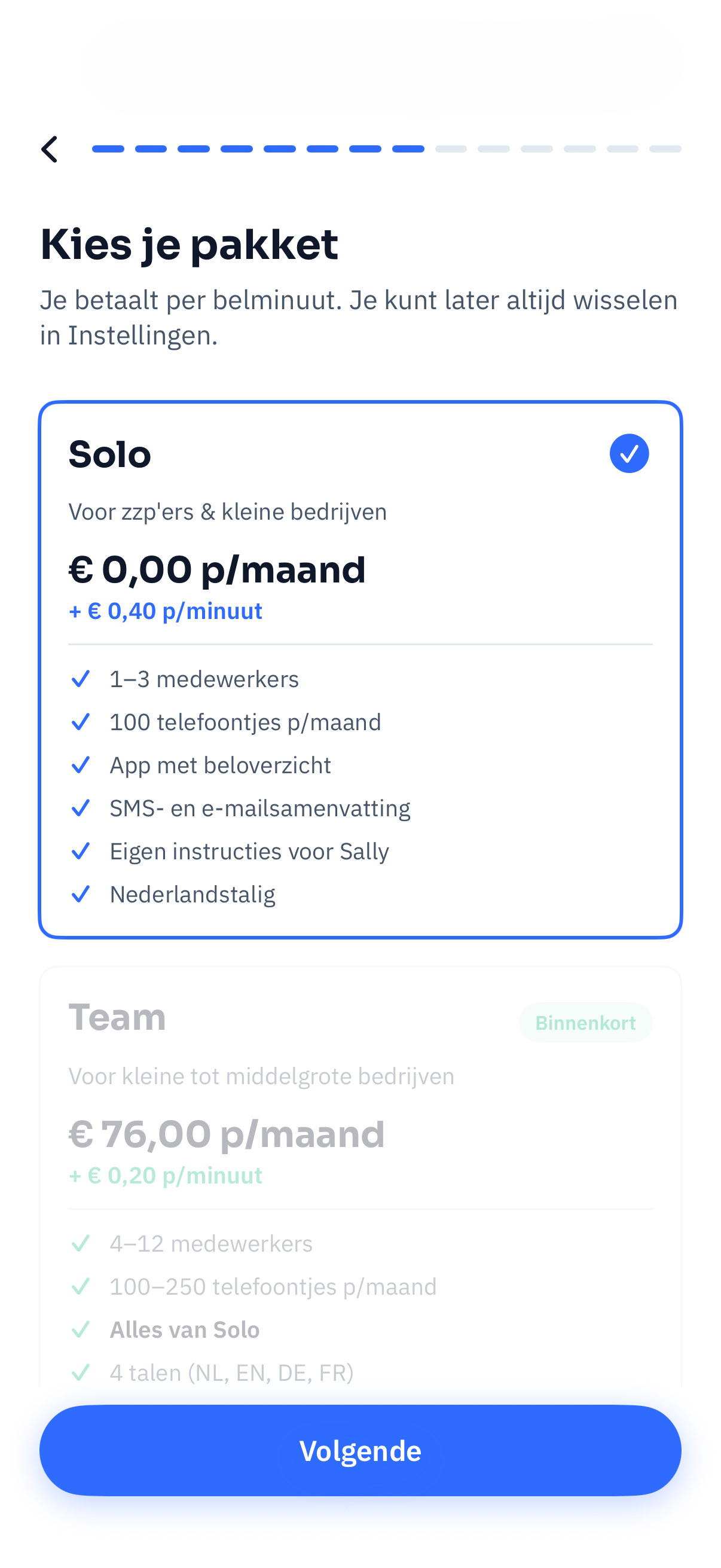 Scherm waarin je een pakket kiest