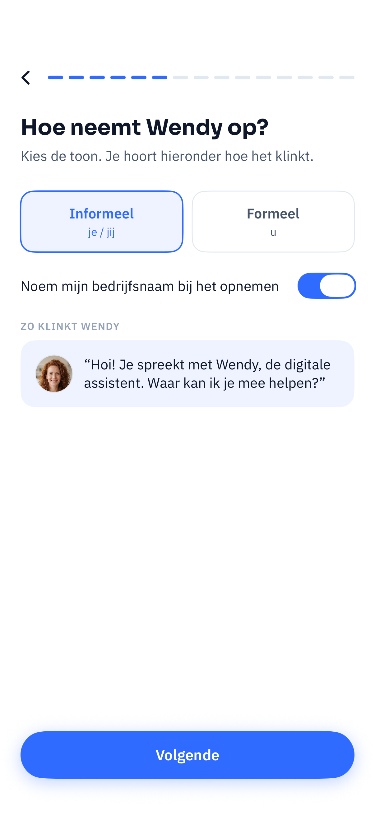 Scherm waarin je de toon van Wendy kiest