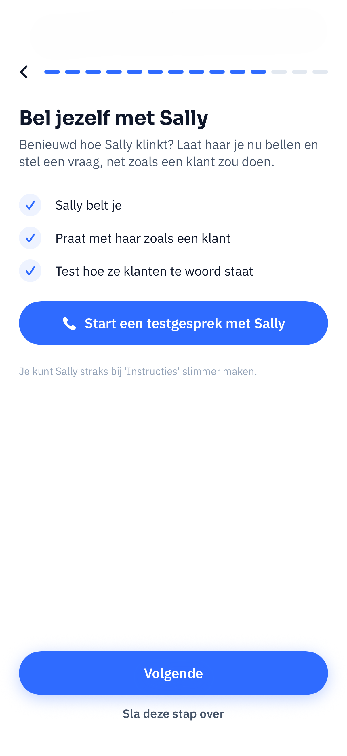 Scherm waarin je een testgesprek met Wendy start