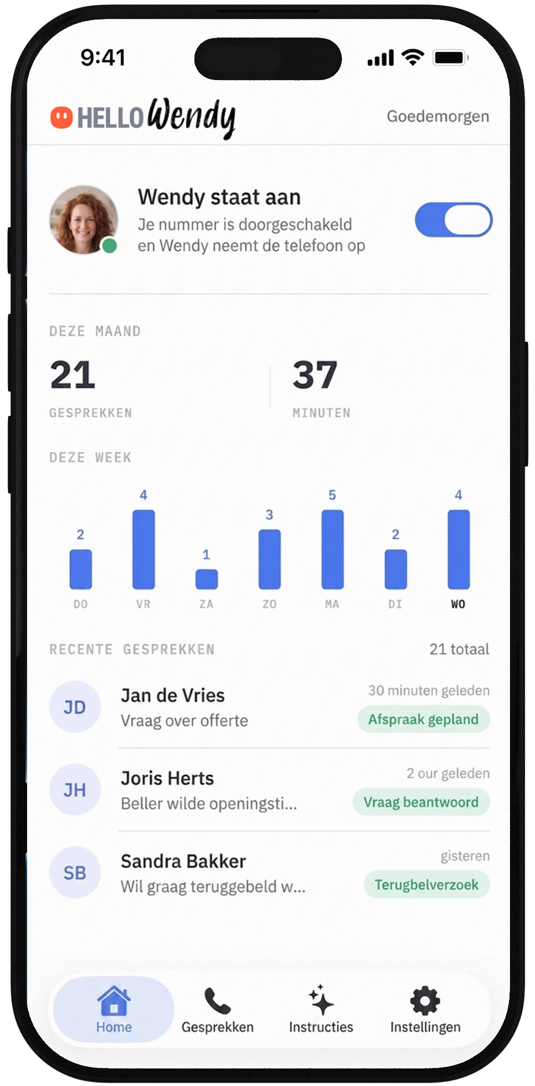 Wendy-app met de aan/uit-knop bovenaan